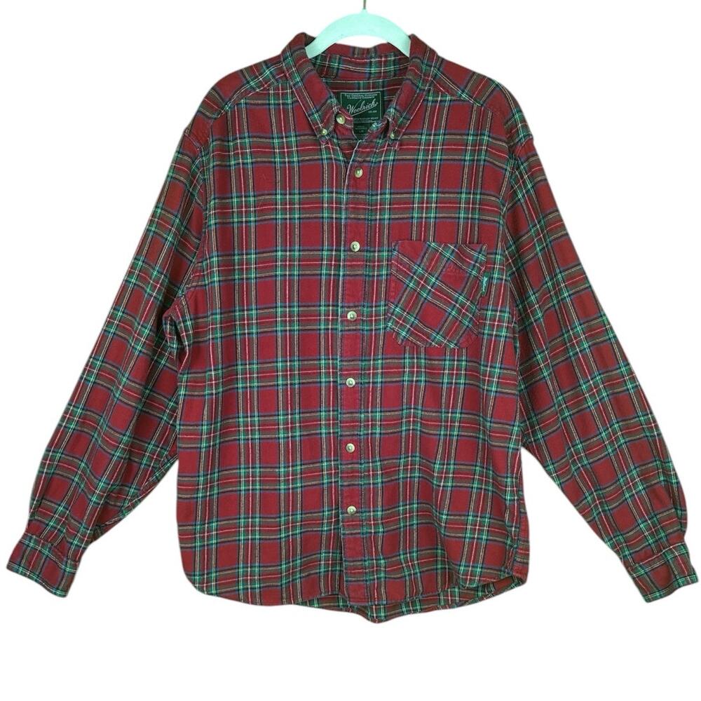WOOLRICH WOOLEN MILLS Mens Long Sleeve Plaid Flannel Shirt Sz L Red 100% Cotton